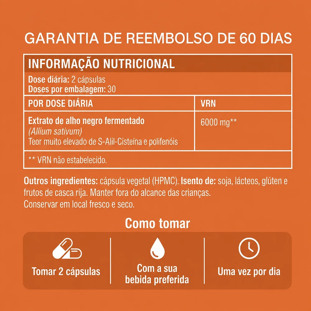 Informação nutricional e modo de utilização: 2 cápsulas por dia